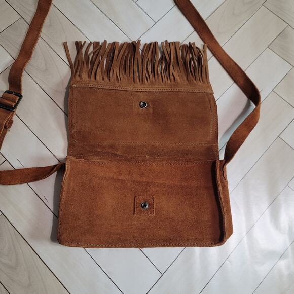 Minnetonka Suede Tan and Brown Fringe Crossbody Bag - Picture 5 of 16
